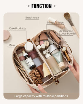 EACHY Travel Makeup Bag with side pockets and TPU brush pocket