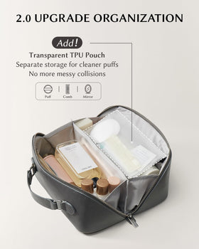 EACHY Travel Makeup Bag with waterproof brush pouch open