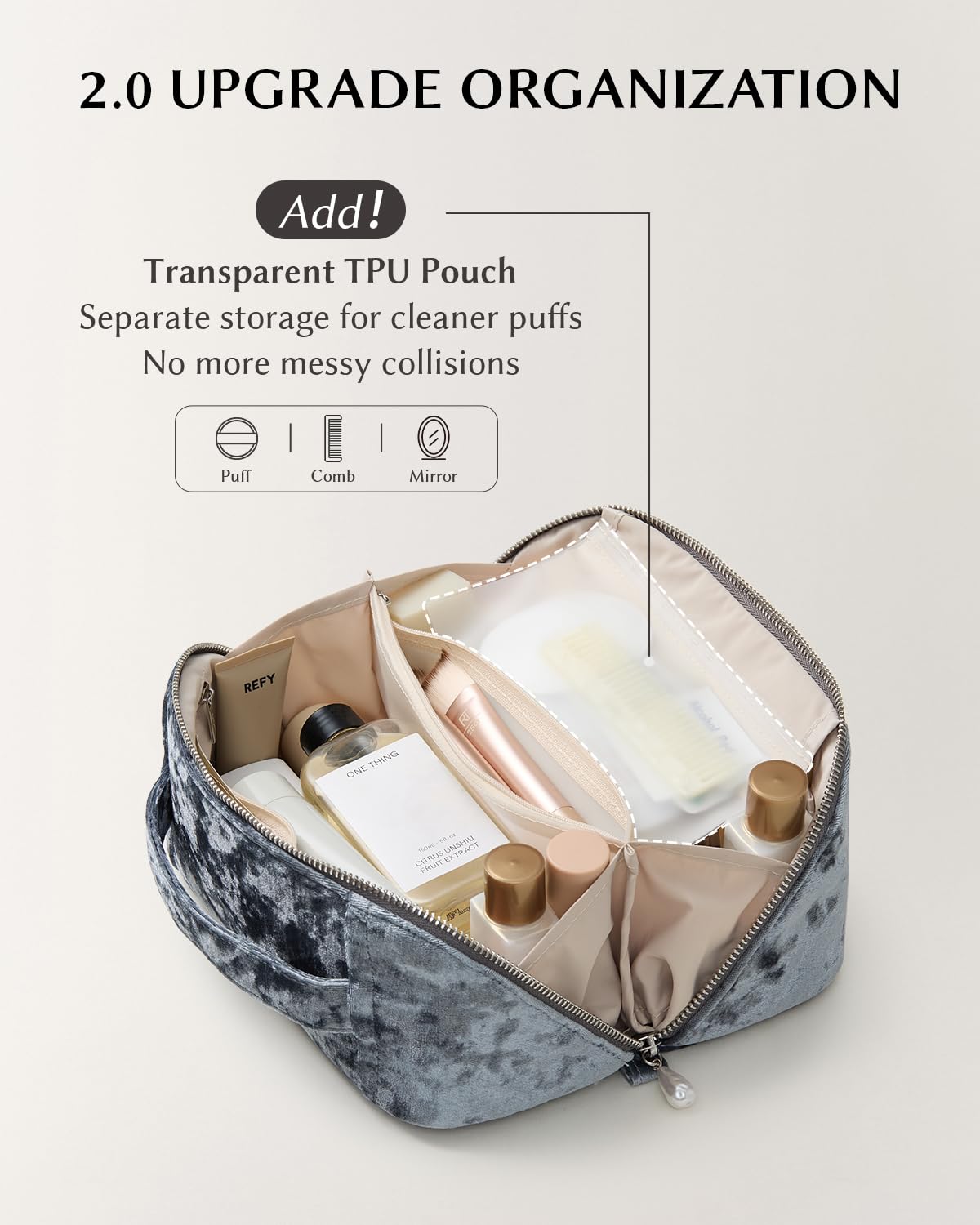 EACHY Velvet Makeup Bag in lifestyle setting on a vanity