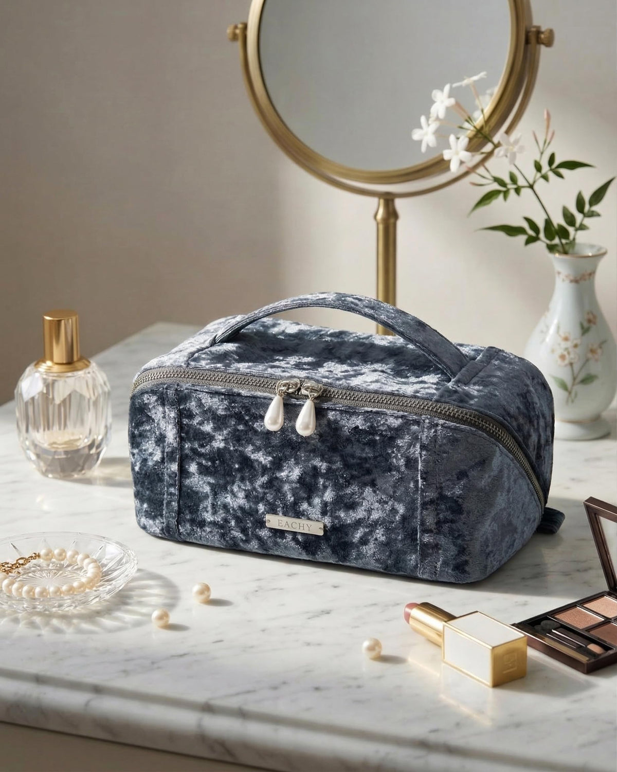 EACHY Velvet Makeup Bag open showing interior compartments