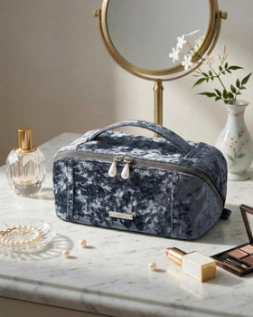 EACHY Velvet Makeup Bag open showing interior compartments