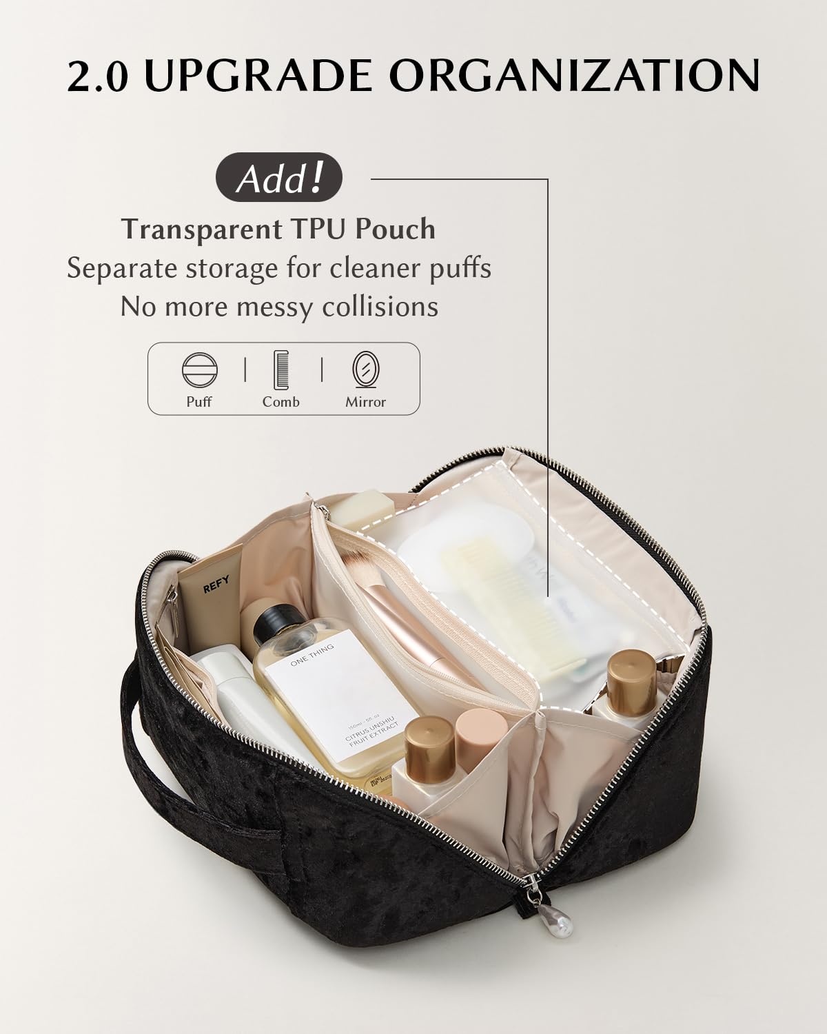 EACHY Velvet Travel Makeup Bag dimensions displayed
