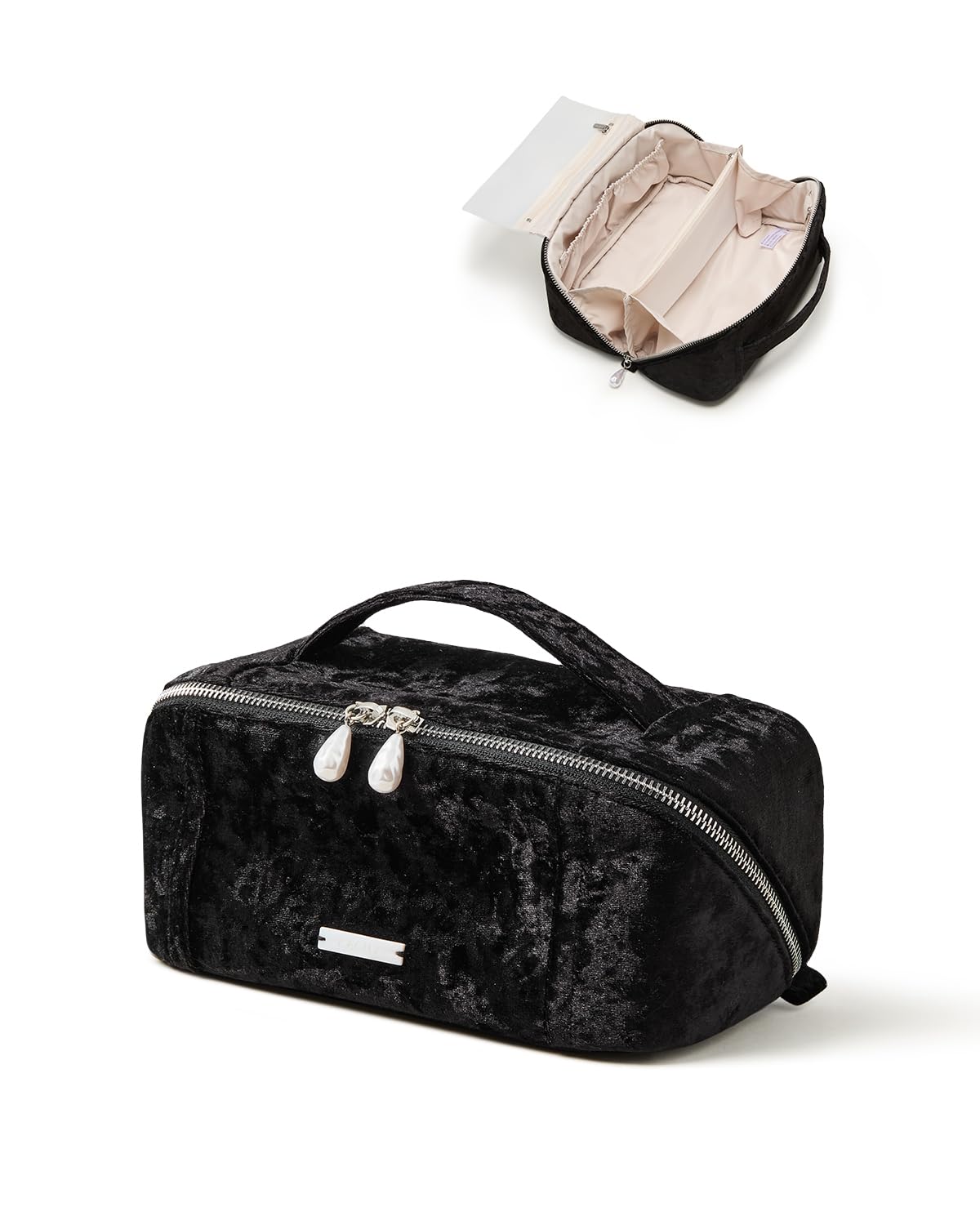EACHY Velvet Travel Makeup Bag front view with chic pendant