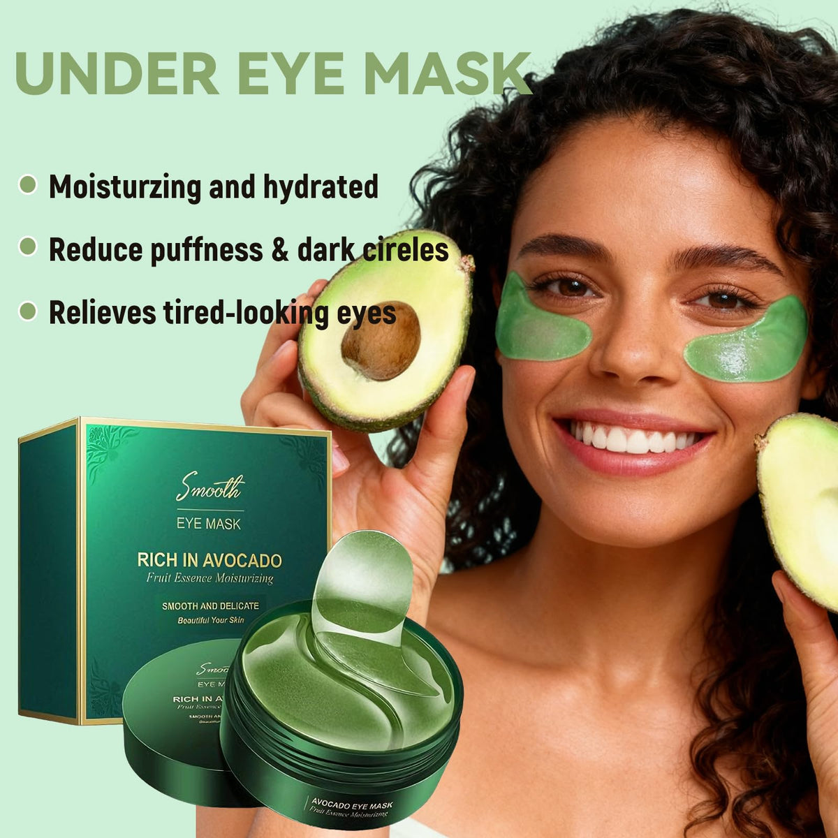Eakroo Avocado Eye Mask patches close-up on a hand