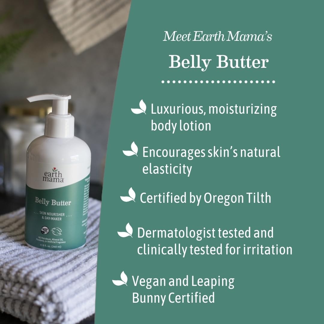 Earth Mama Belly Butter 8oz lifestyle scene on bathroom shelf