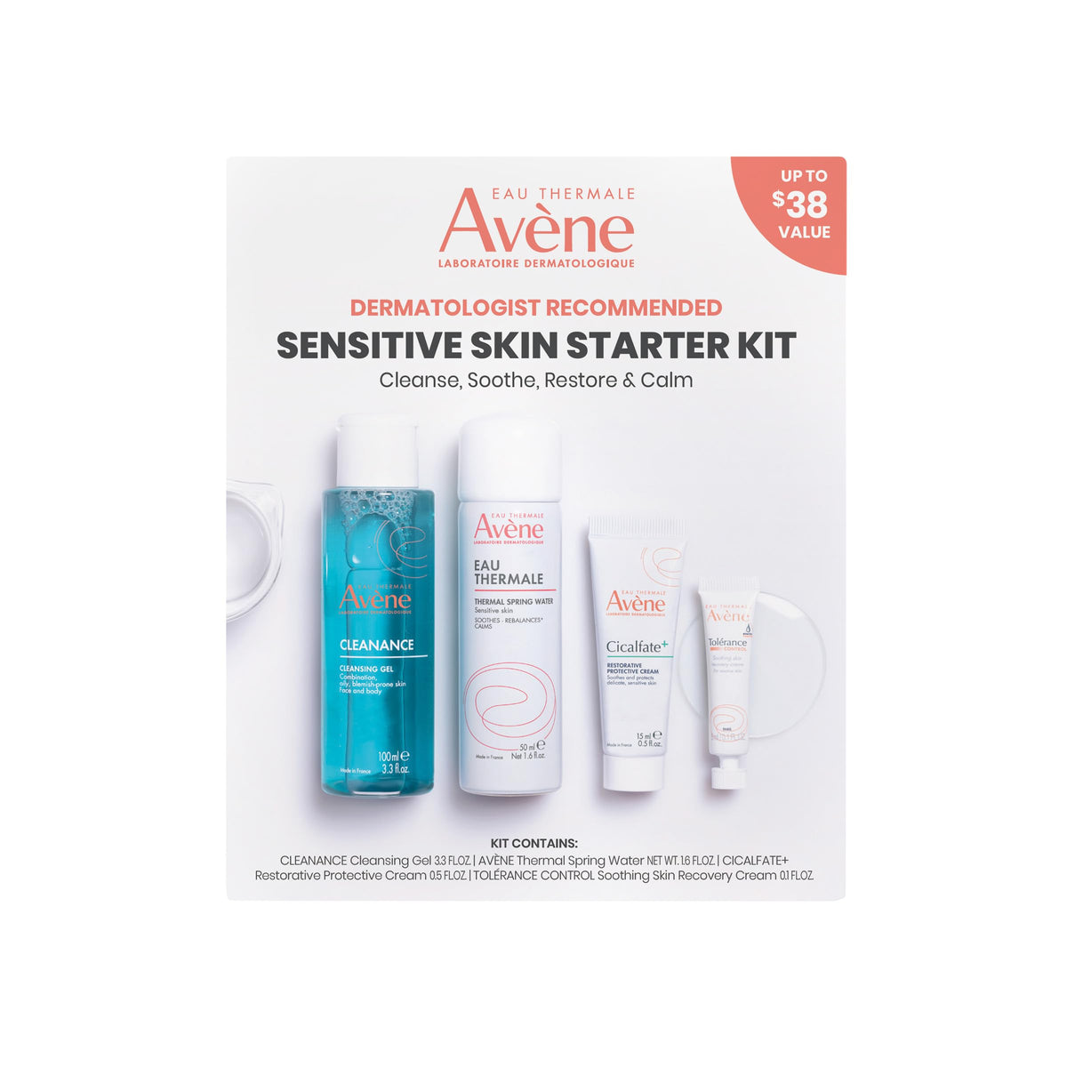 Eau Thermale Avène Sensitive Skin Starter Kit front view with 4 products