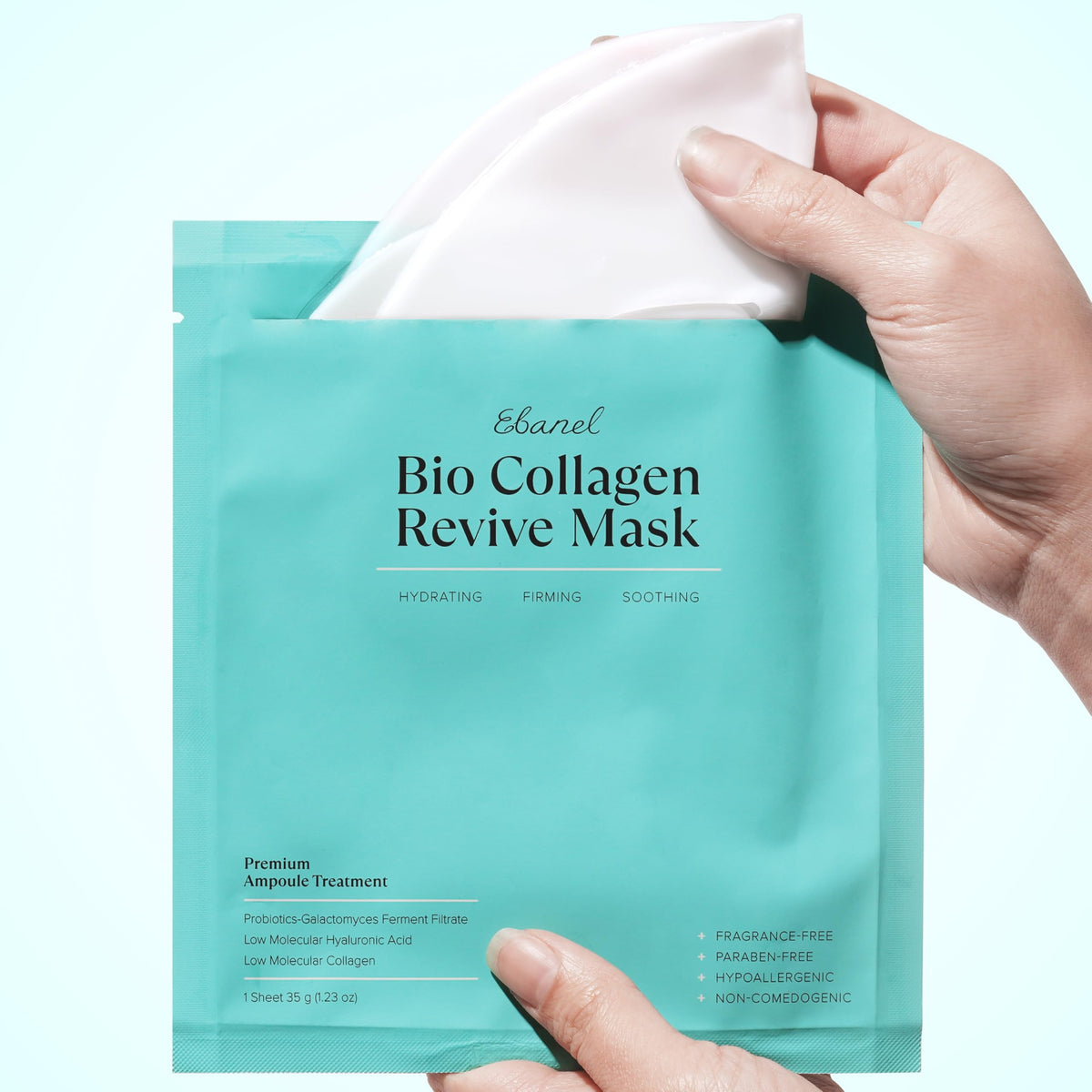 Ebanel Bio Collagen Face Mask in use with soothing background