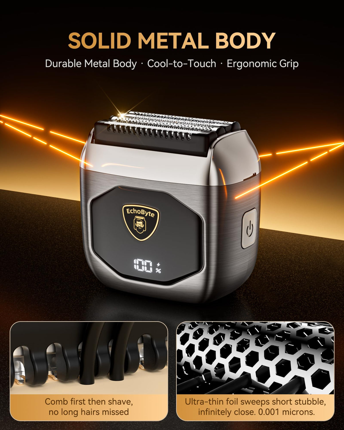 EchoByte Electric Foil Shaver side view showing 4 blades