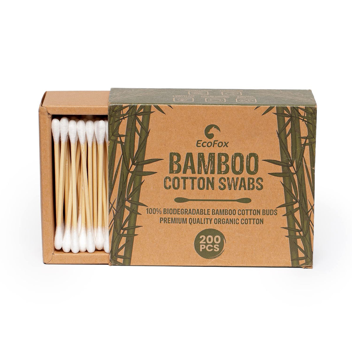 EcoFox Bamboo Cotton Swabs 200 Count front view