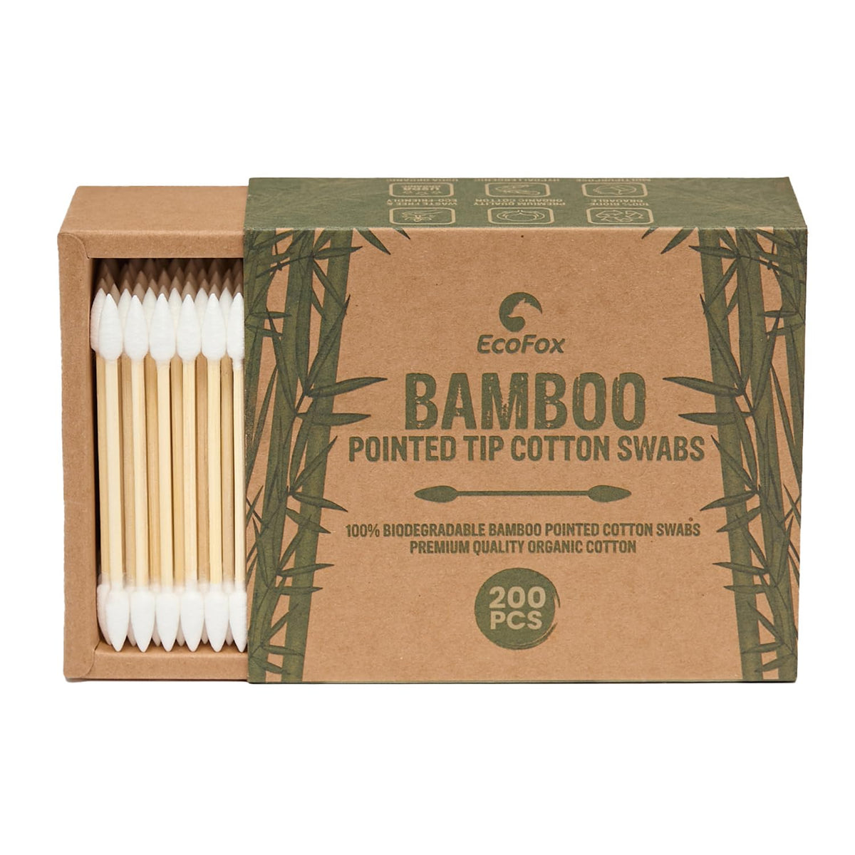 EcoFox Bamboo Cotton Swabs 200 Count front view
