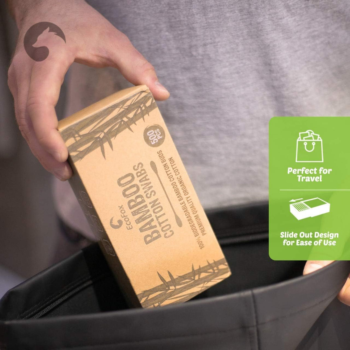 EcoFox Bamboo Cotton Swabs showing biodegradable packaging
