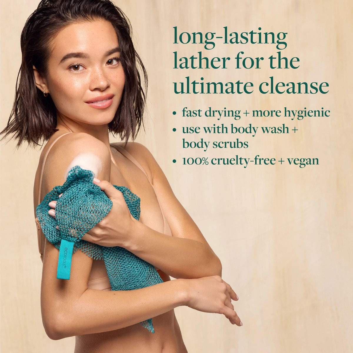 EcoTools Exfoliating Bath Net in use during a shower