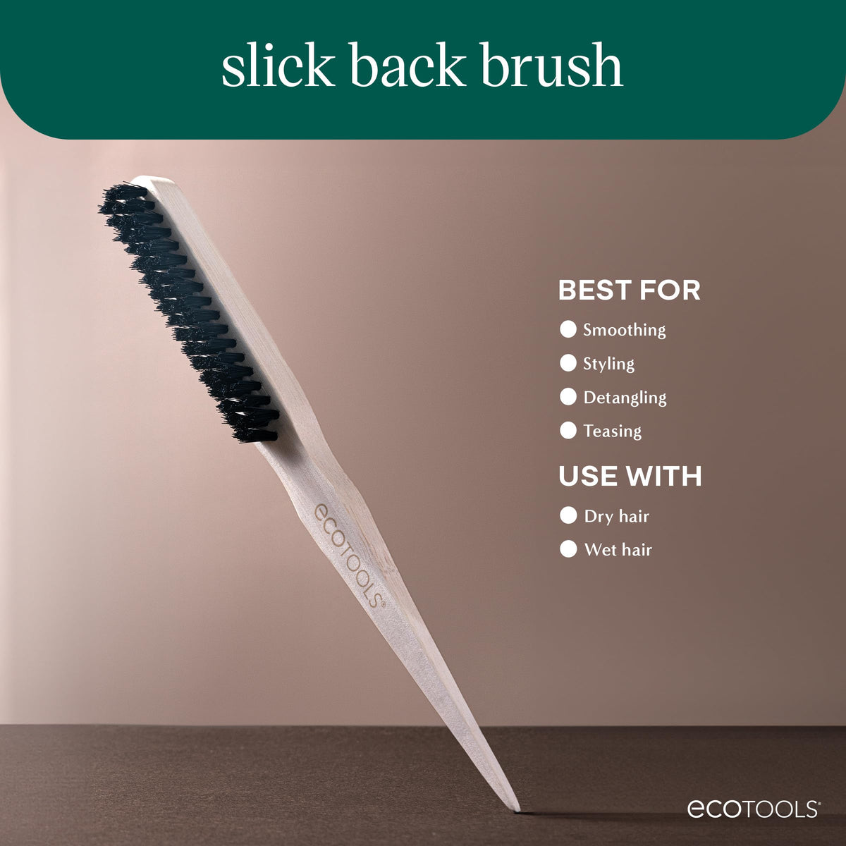 EcoTools Slick Back Hairbrush in lifestyle setting on vanity