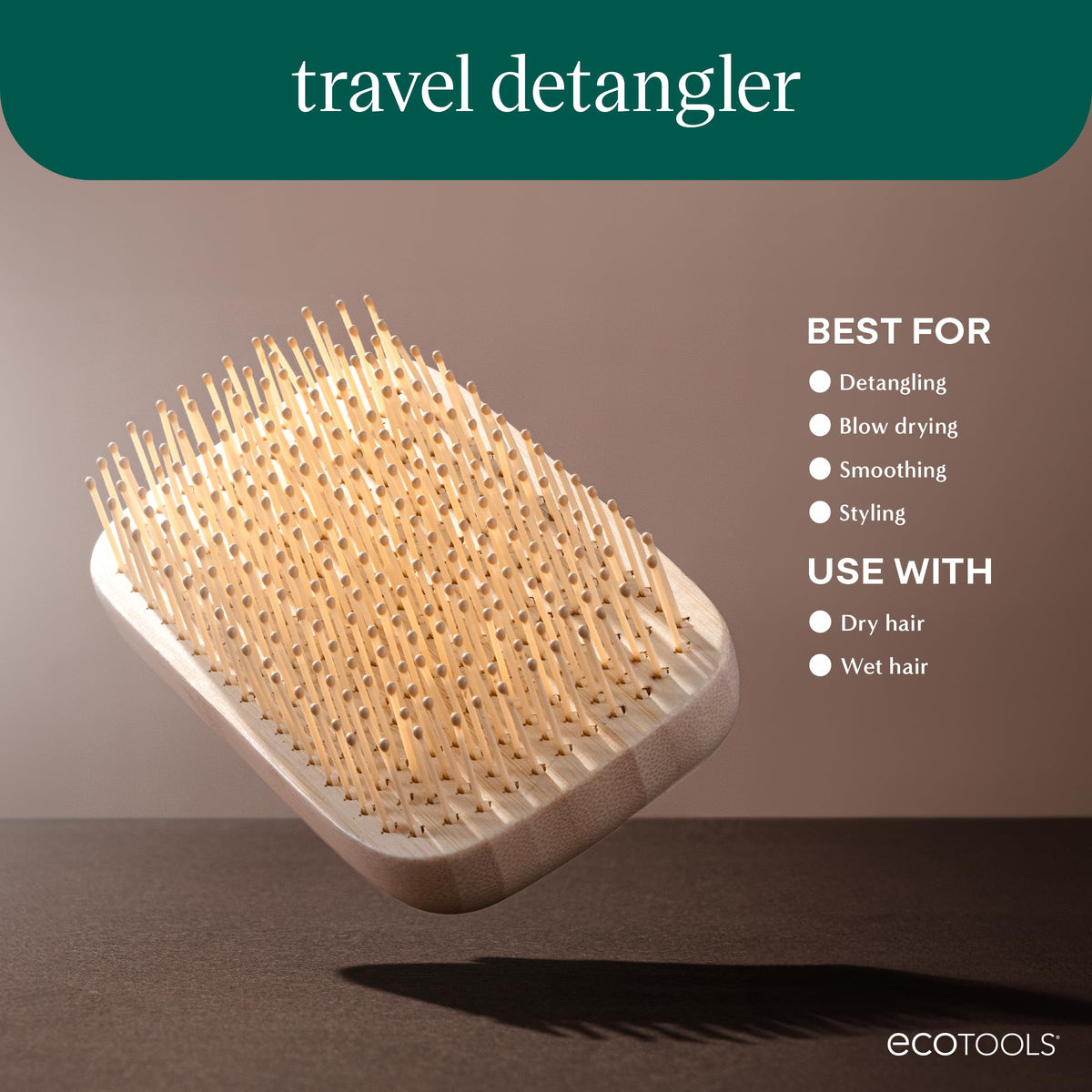EcoTools Travel Detangler Hairbrush in a cosmetic bag for travel