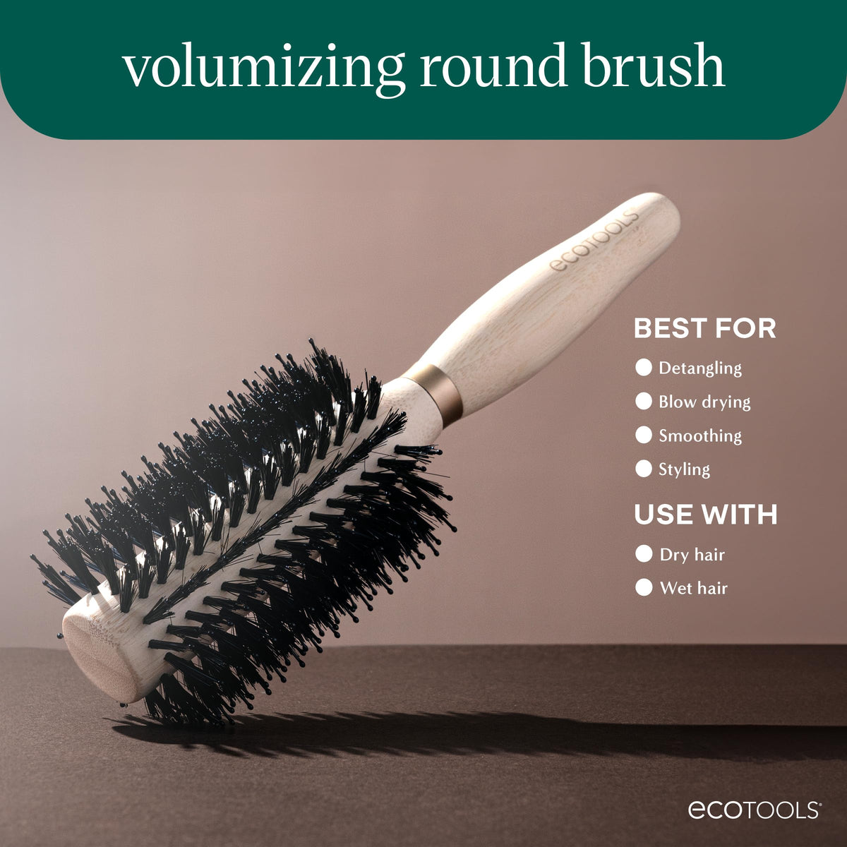 EcoTools Volumizing Round Brush in lifestyle scene during blow-drying
