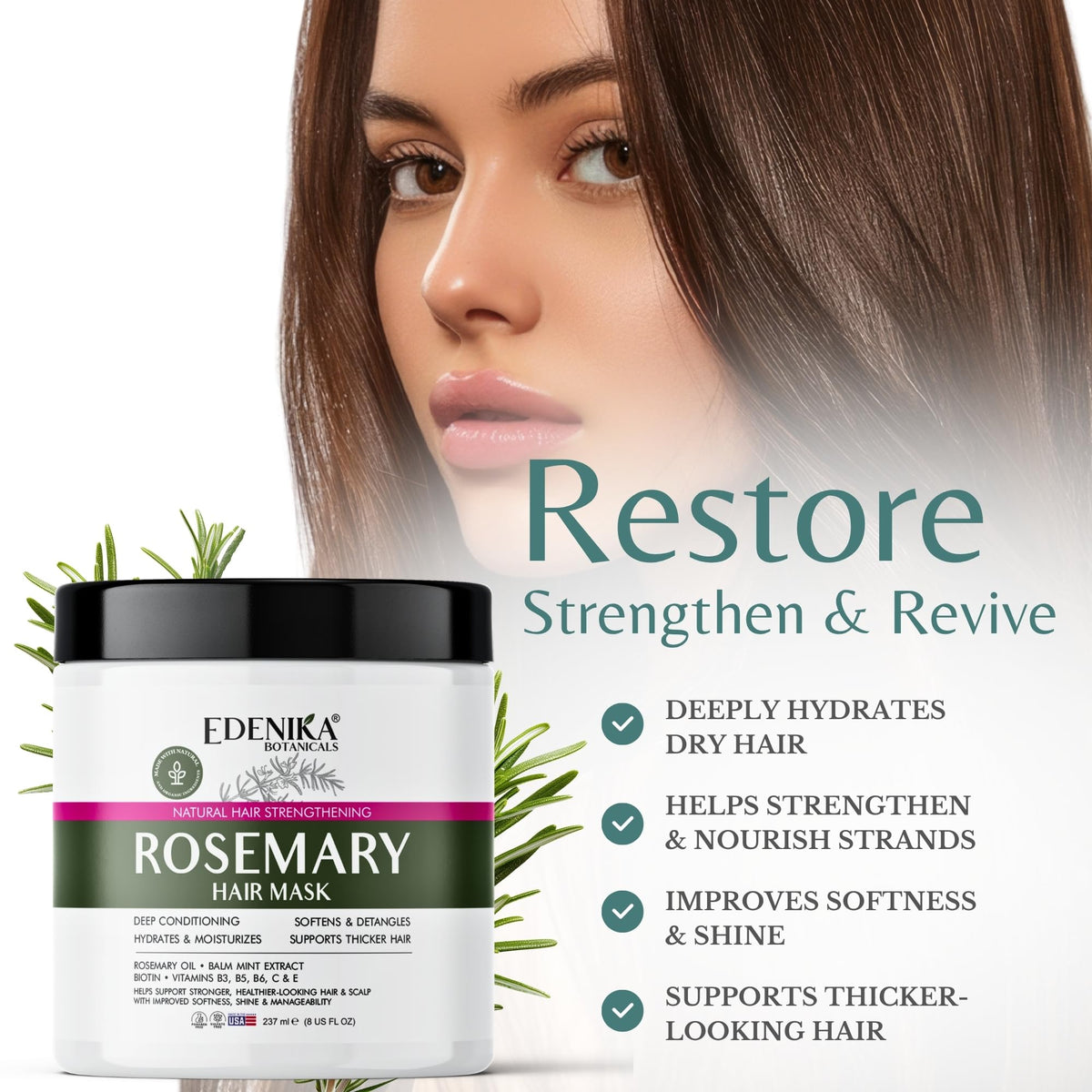 EDENIKA BOTANICALS Rosemary Hair Mask packaging with ingredients