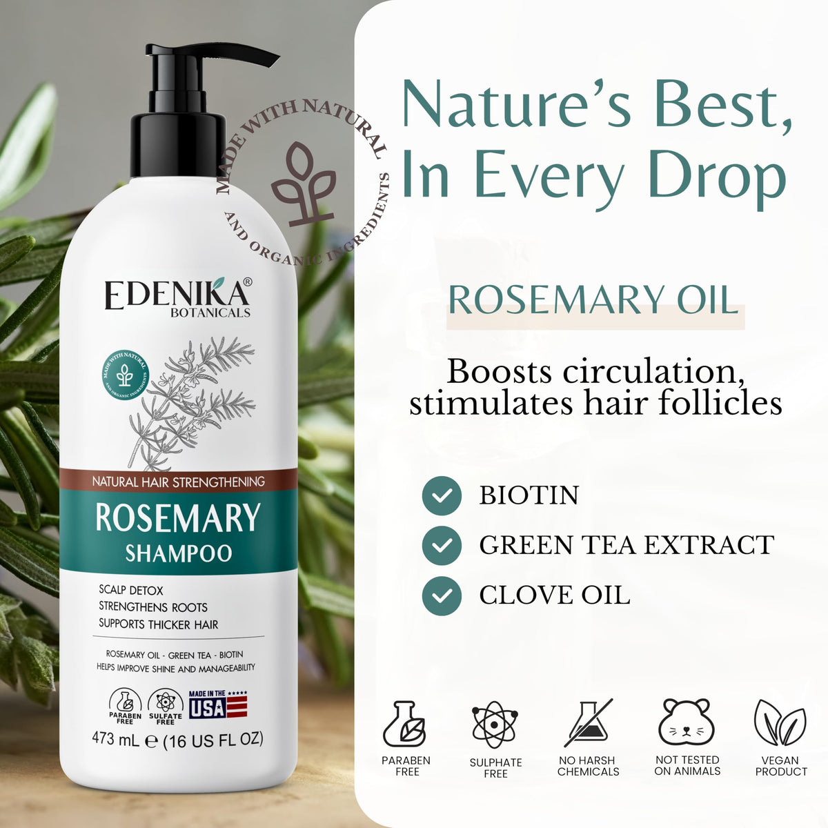 EDENIKA BOTANICALS Rosemary Oil Shampoo in a lifestyle setting