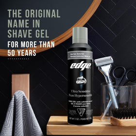 Edge Shaving Gel with razor on bathroom counter