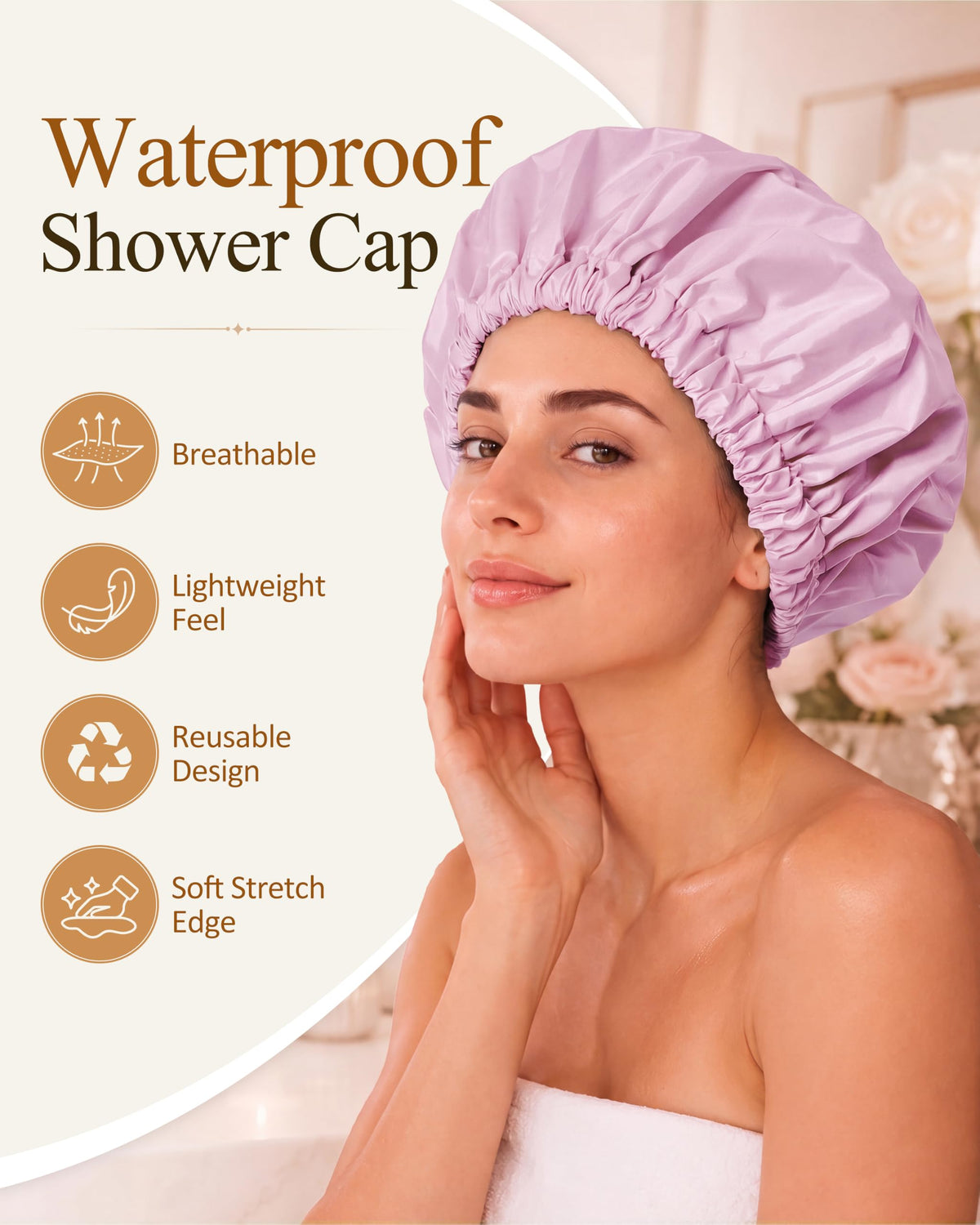 Edoneery shower cap displayed with long hair tucked inside