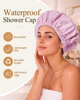 Edoneery shower cap displayed with long hair tucked inside