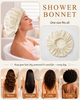 Edoneery Shower Cap displayed with makeup and skincare products
