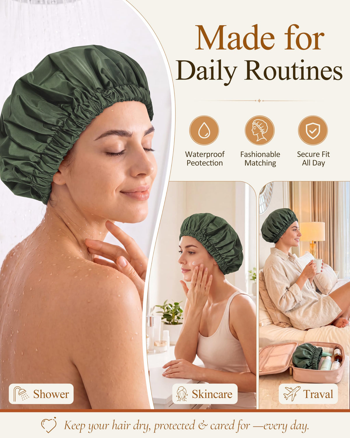 Edoneery Shower Cap folded in a toiletry bag