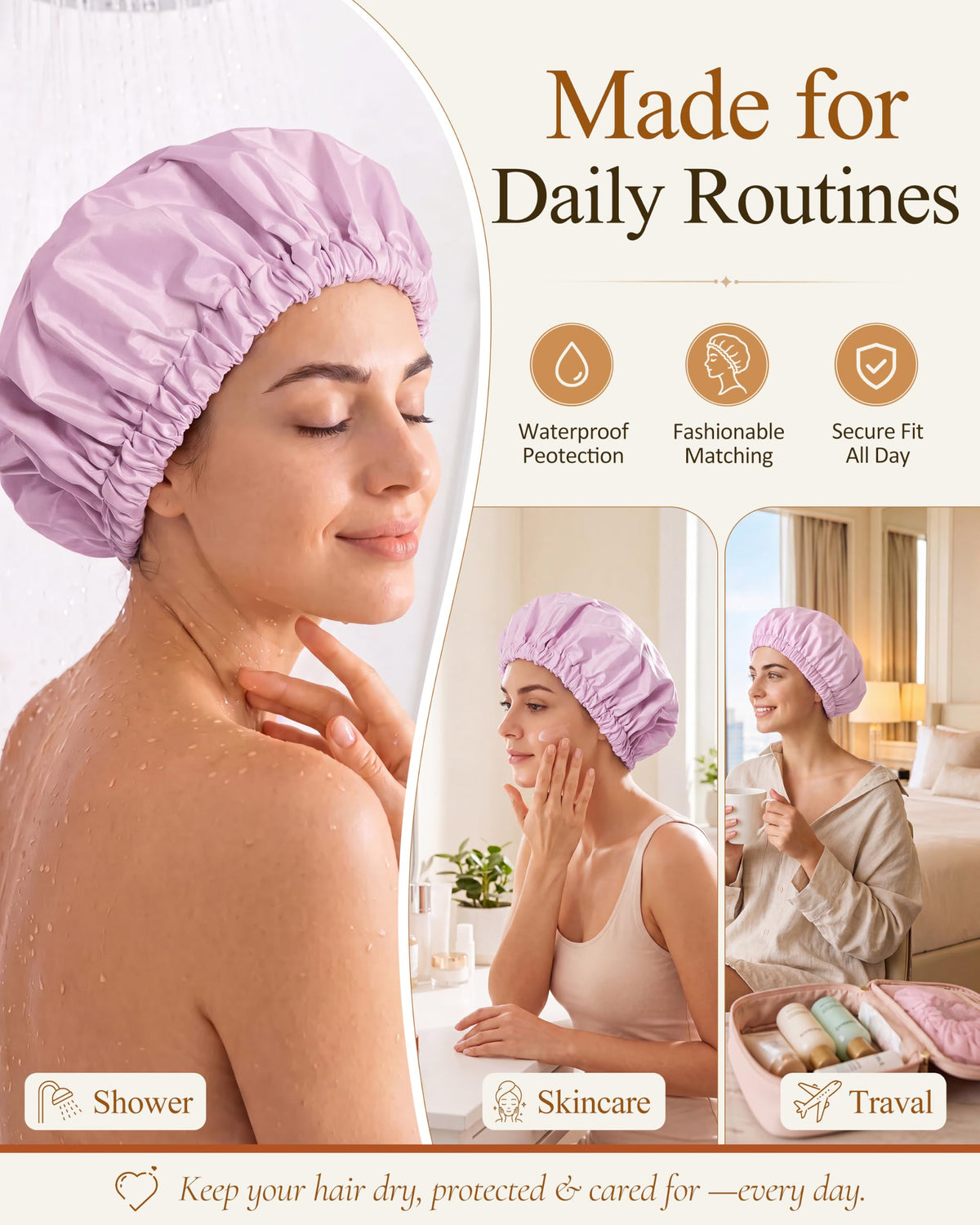 Edoneery shower cap folded in a travel pouch