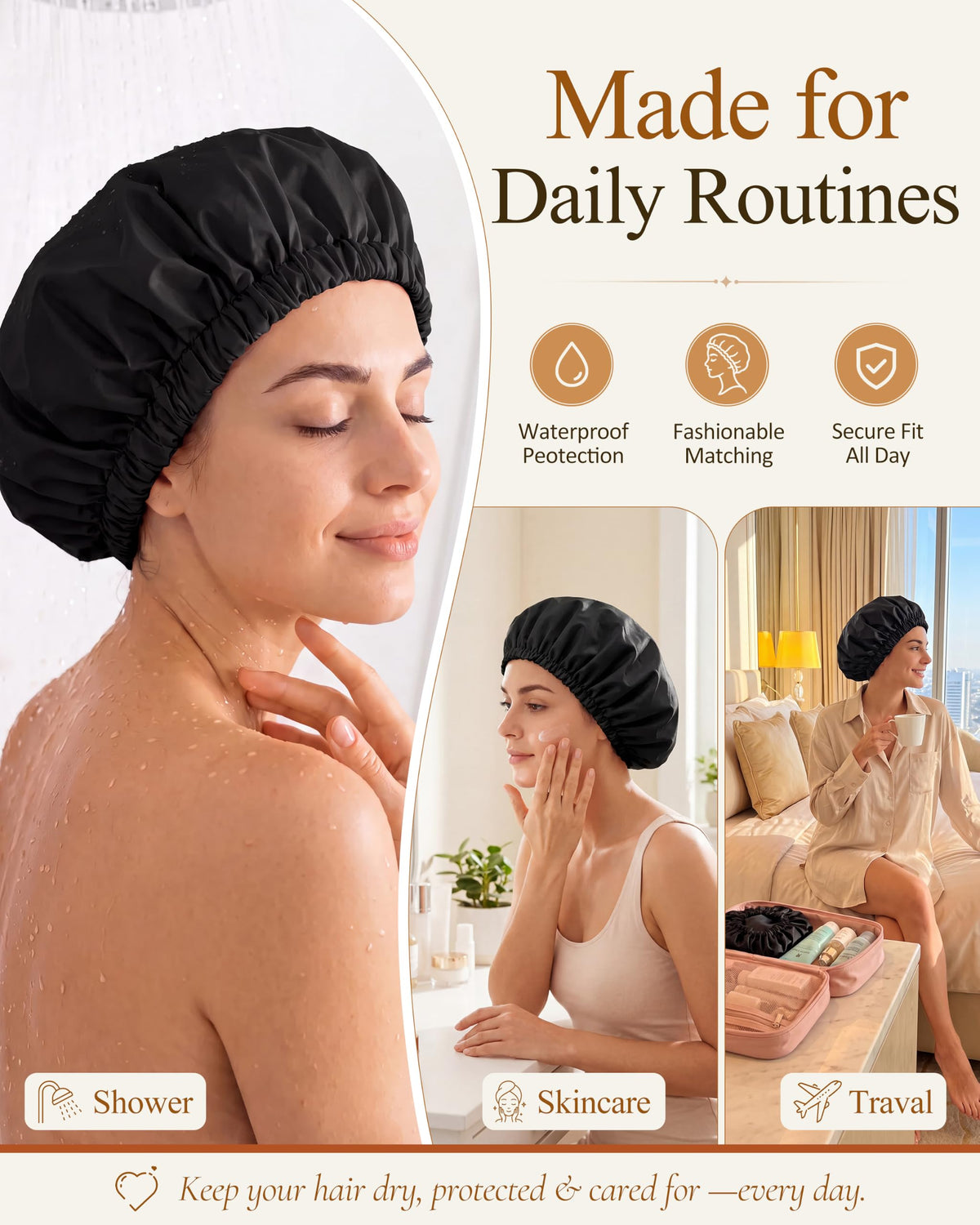 Edoneery shower cap folded in travel pouch
