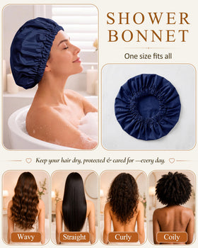 Edoneery shower cap on a model with long hair