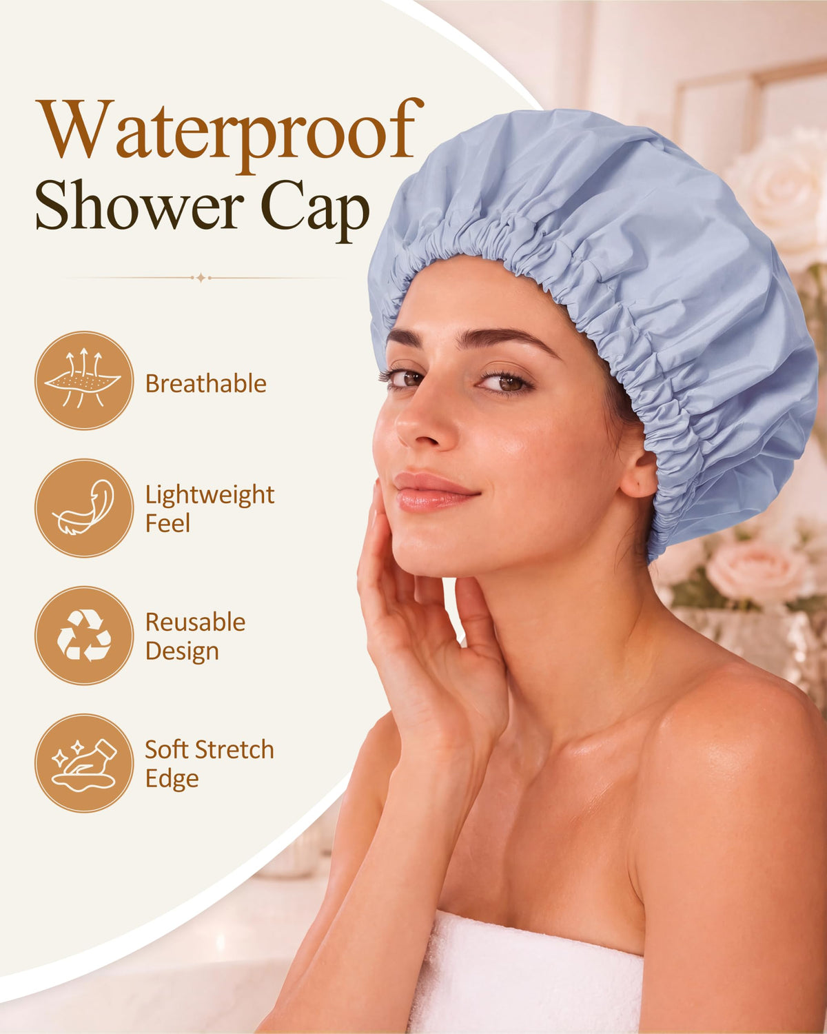 Edoneery Shower Cap on model with long hair