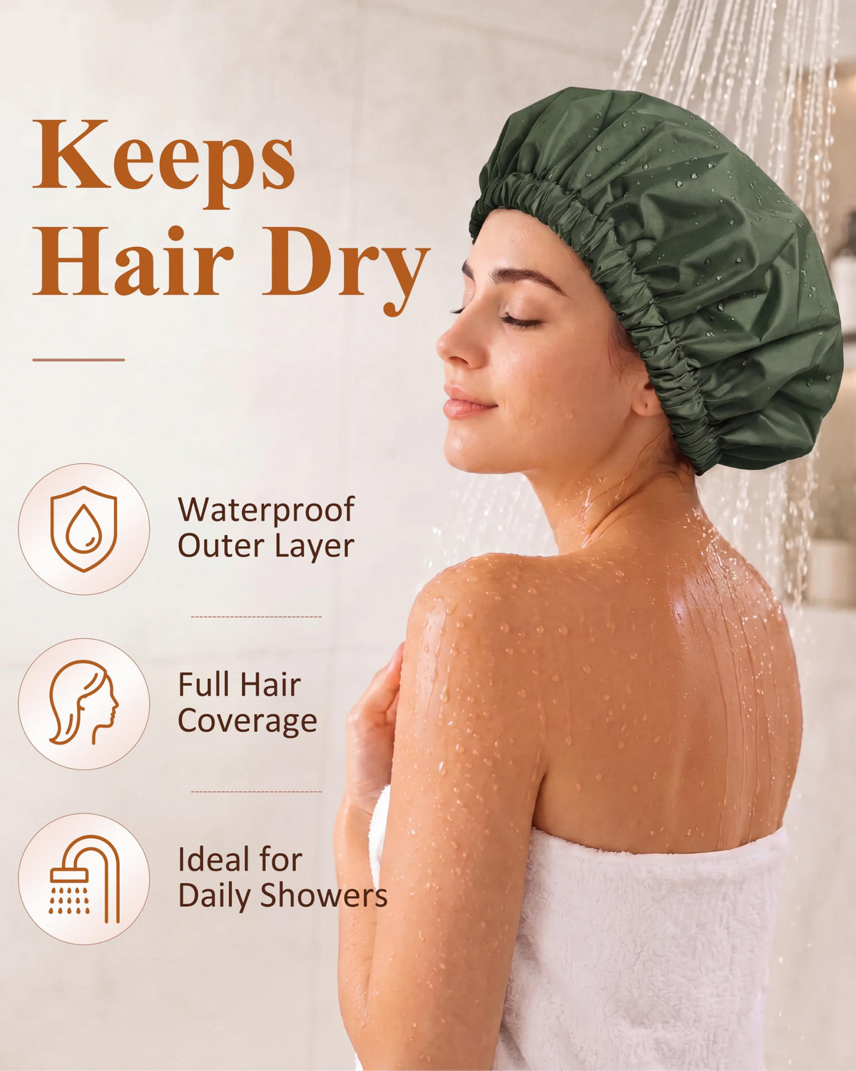 Edoneery shower cap showing elastic band and inner coating