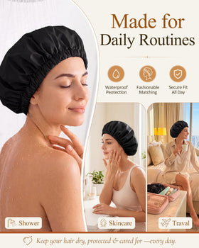 Edoneery shower cap with long curly hair tucked inside
