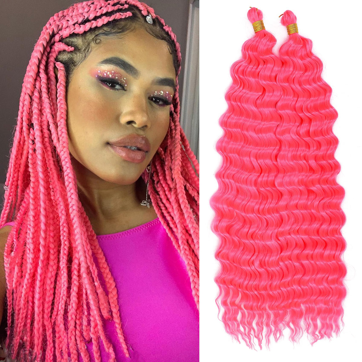 EERYA Long Curly Braiding Hair 18 Inch Hot Pink front view