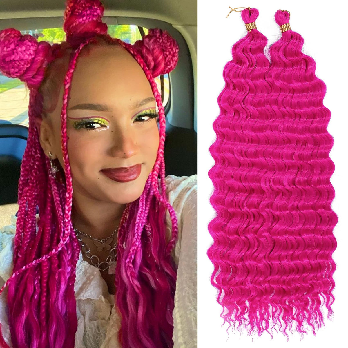 EERYA Long Curly Braiding Hair 18 Inch Magenta Pink front view