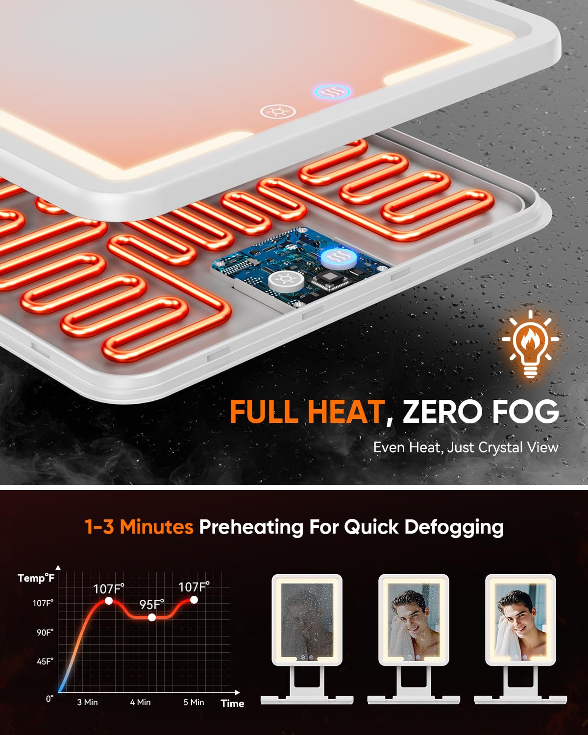 eeuuty Heated Shower Mirror Fogless with Natural lighting mode