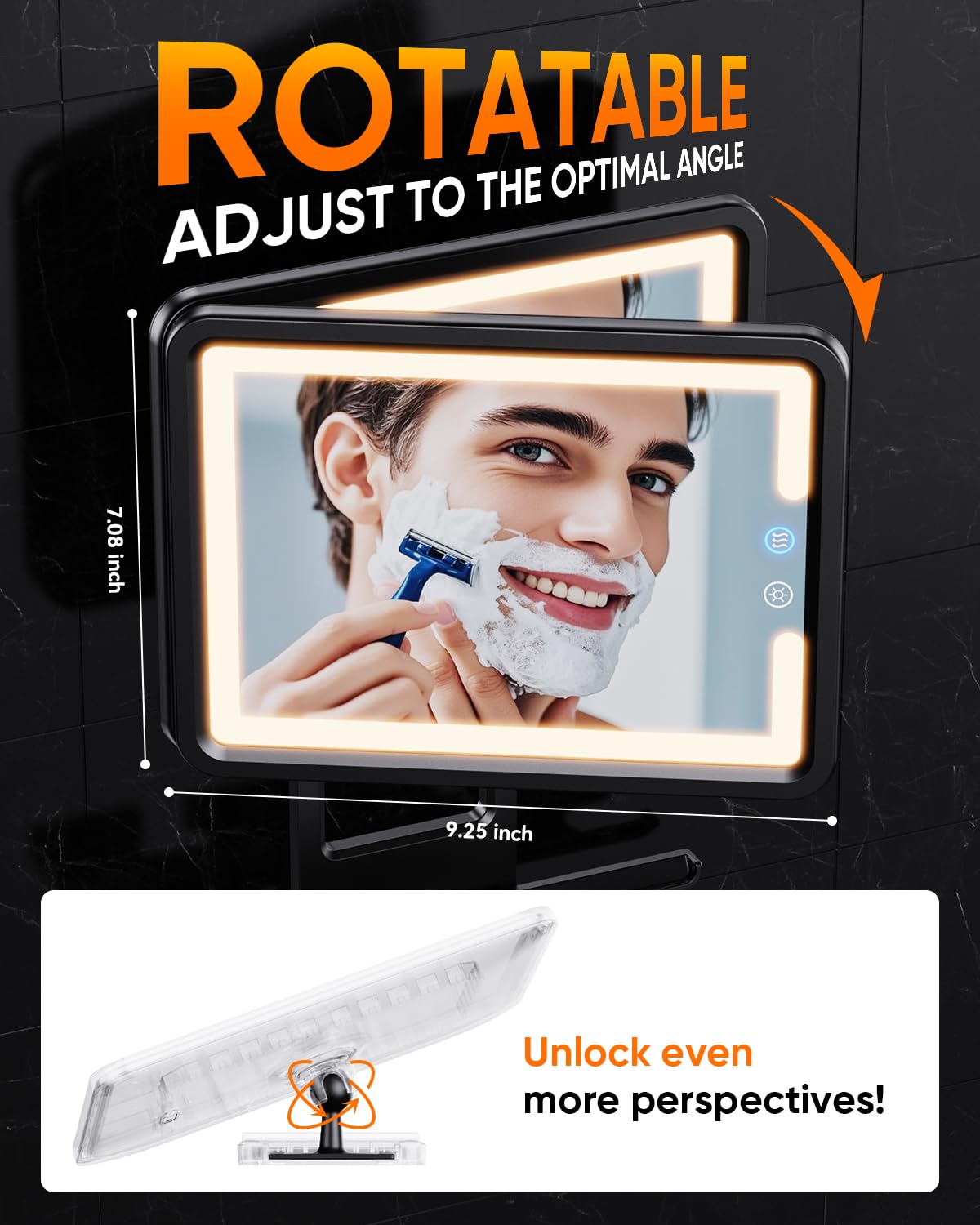 eeuuty Heated Shower Mirror showing adjustable 360° viewing angle