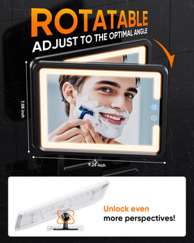 eeuuty Heated Shower Mirror showing adjustable 360° viewing angle
