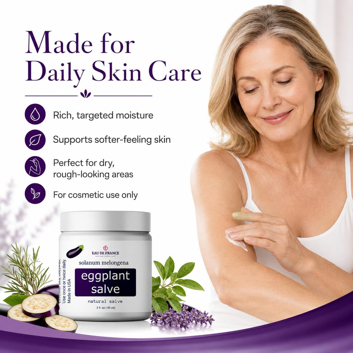 Eggplant Salve Skin Moisturizing Balm being applied to dry skin