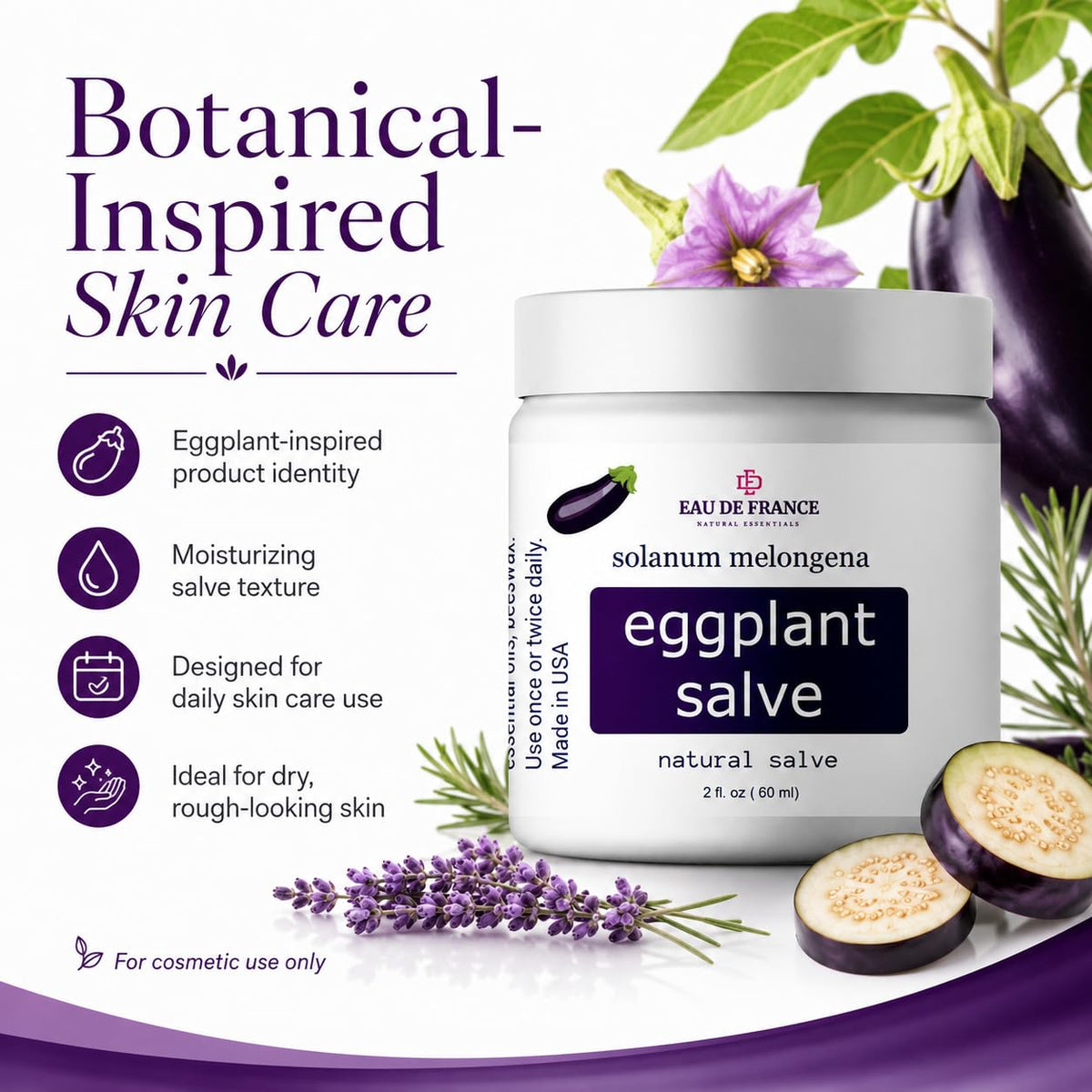 Eggplant Salve Skin Moisturizing Balm on a bathroom shelf