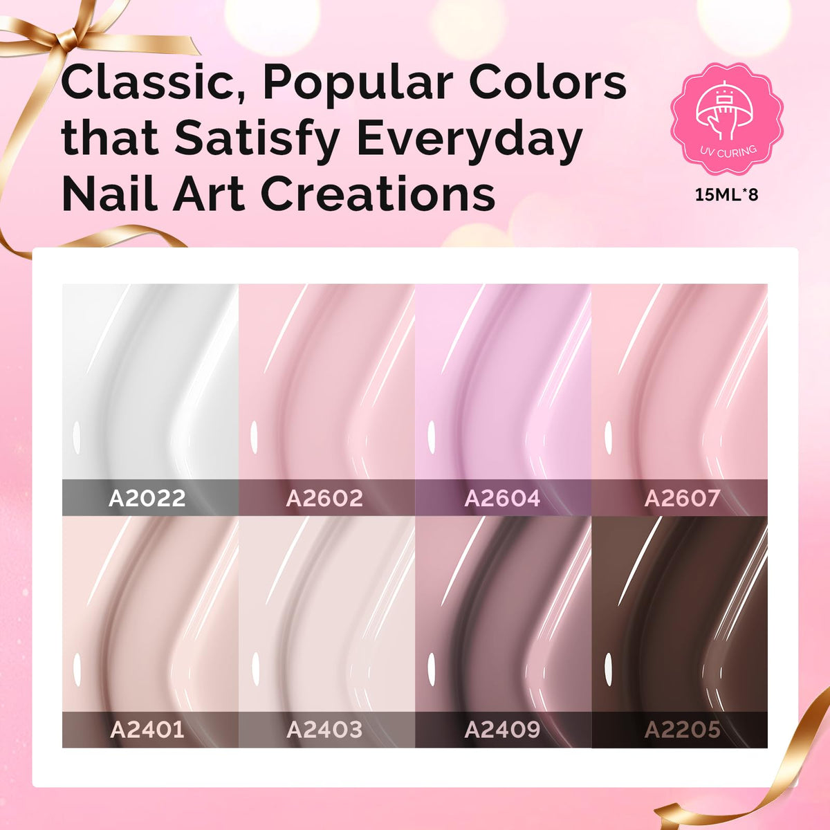 Eight 15ML gel nail polishes in various colours