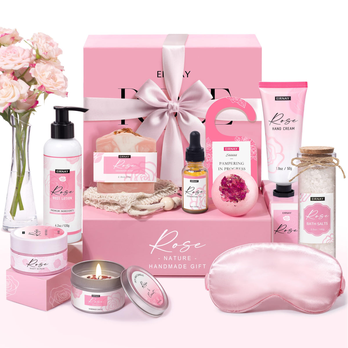 EIRNAY Spa Gift Box featuring rose-scented candles and bath salts
