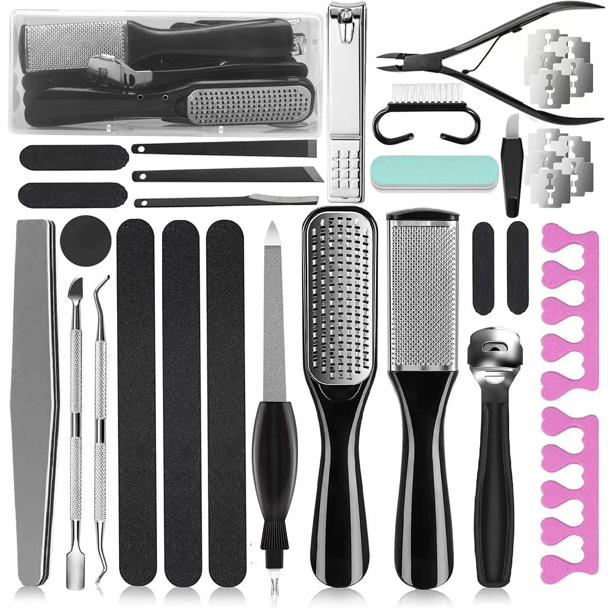 EKOCSIO 36 in 1 Pedicure Kit front view with tools displayed
