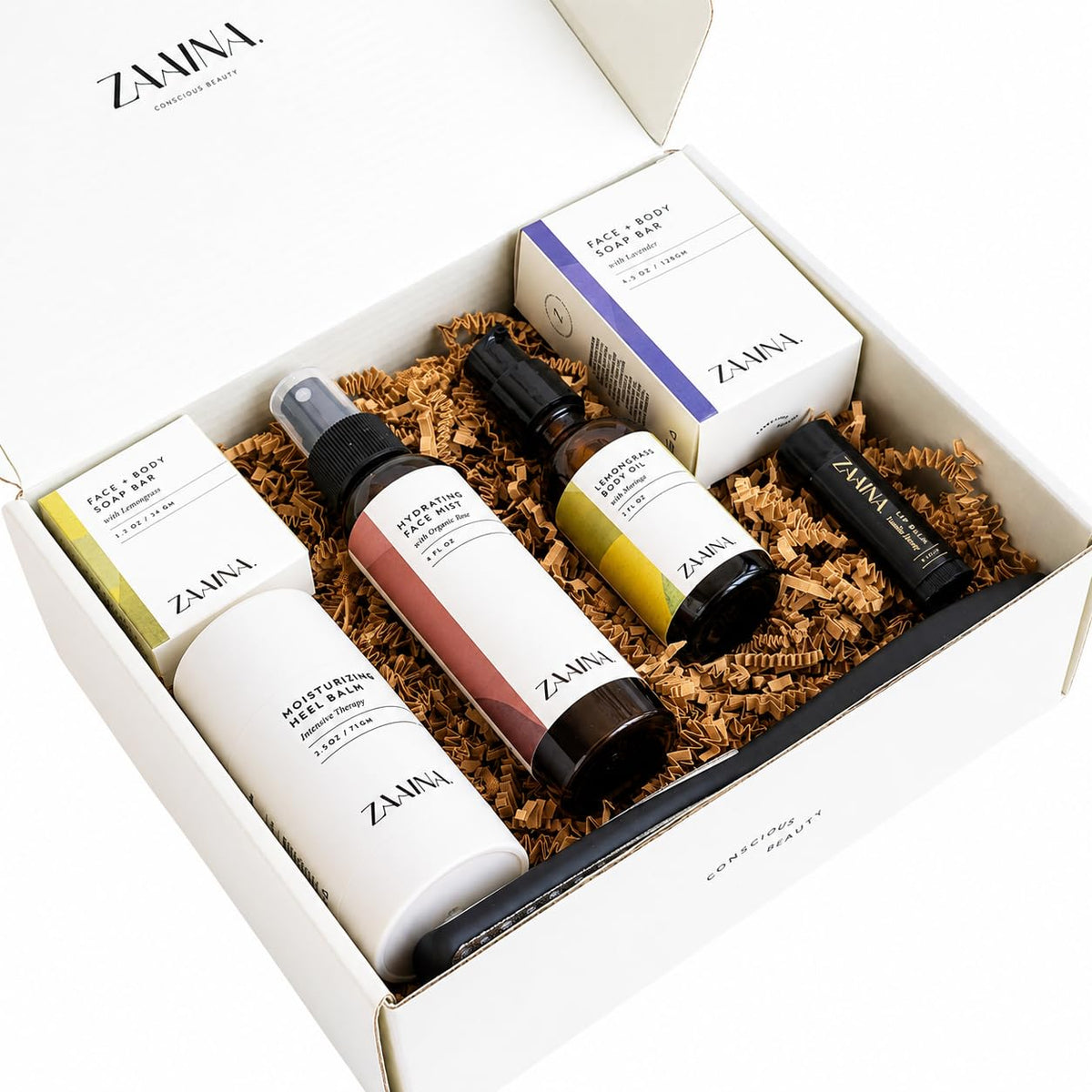 Elegant arrangement of ZAAINA Wellness Spa Box contents