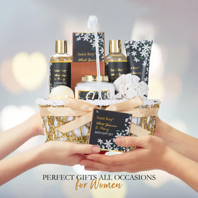 Elegant gold basket containing spa products