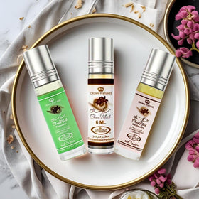 Elegant packaging of Al-Rehab Choco Musk Perfume Oils bundle