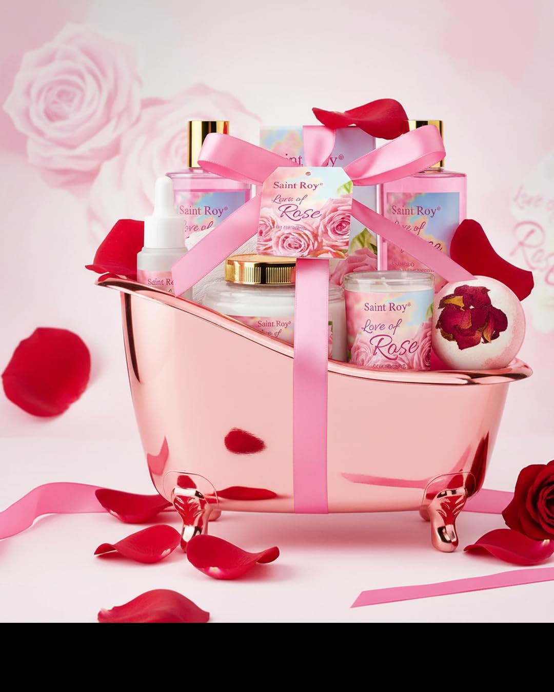 Elegant presentation of the Saint Roy Rose Spa Gift Basket