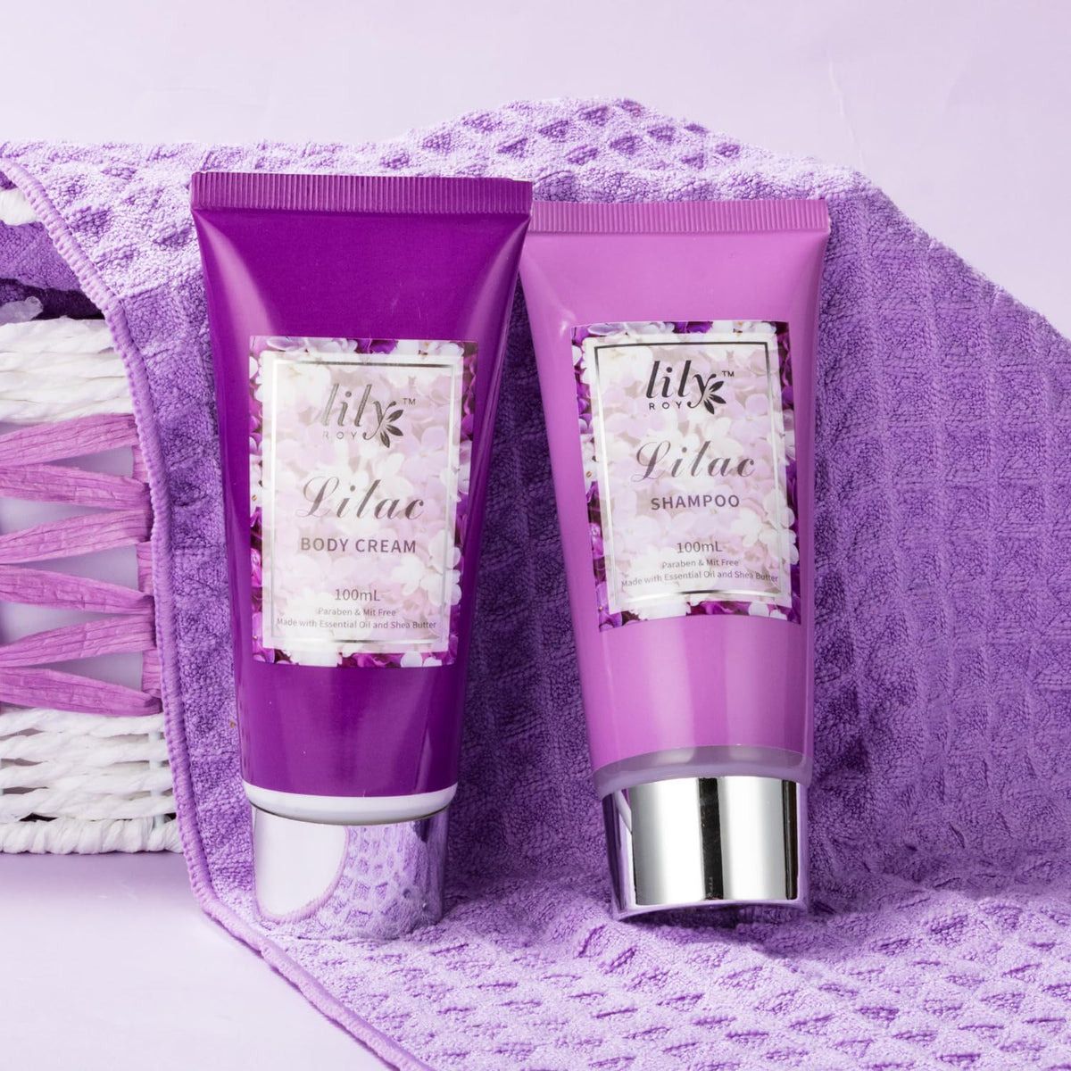 Elegant woven basket containing LILY ROY spa products