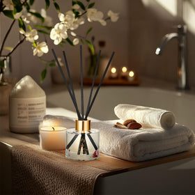 Elegant woven basket containing LILY ROY spa products