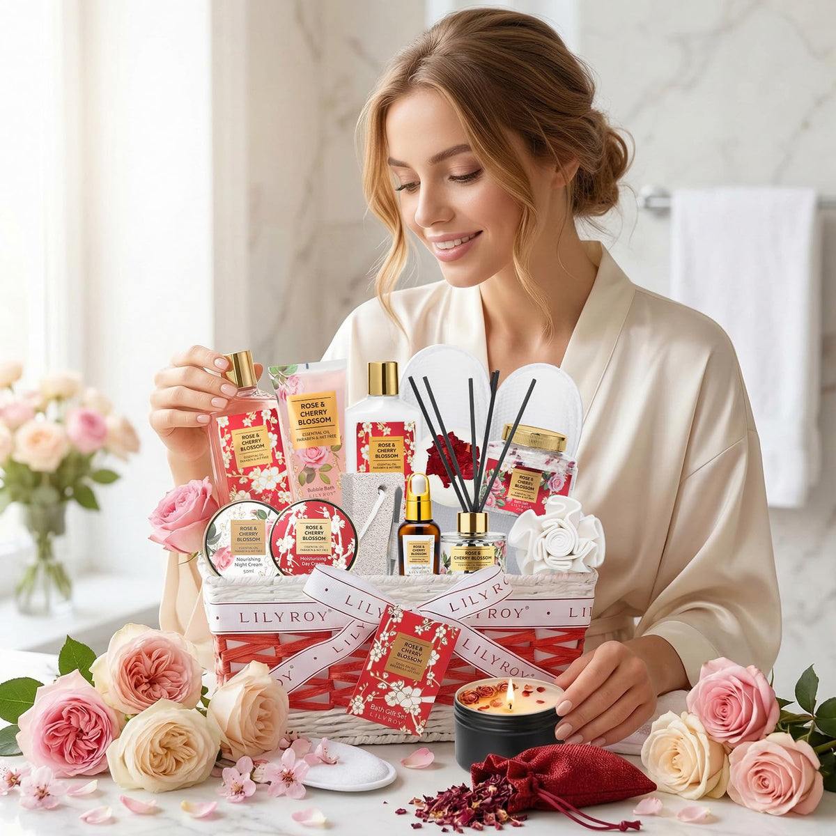 Elegant woven basket used for LILY ROY spa gift set