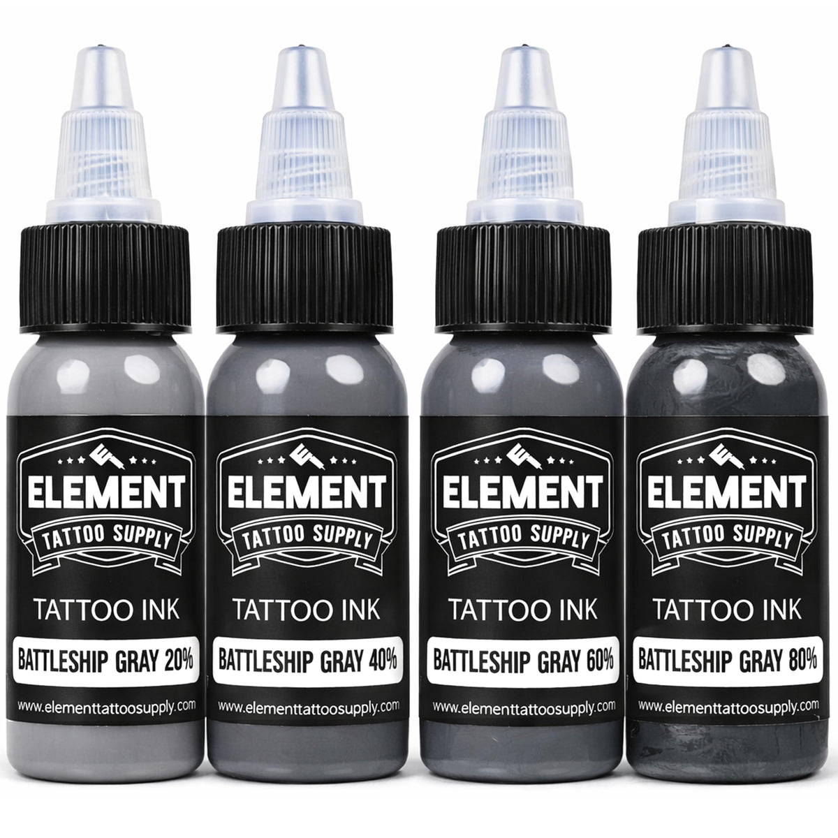 Element Tattoo Supply Battleship Gray Ink Set front view with four 1oz bottles
